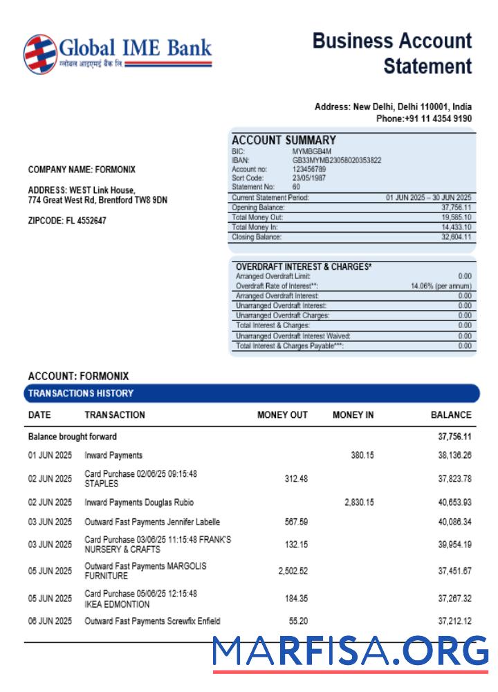 Realistic Global Ime company checking account statement Word and PDF template